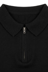 Men’s Black Knitted Polo Shirt Zip Neck Soft Blend Short Sleeve Top