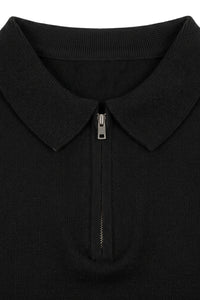 Men’s Black Knitted Polo Shirt Zip Neck Soft Blend Short Sleeve Top