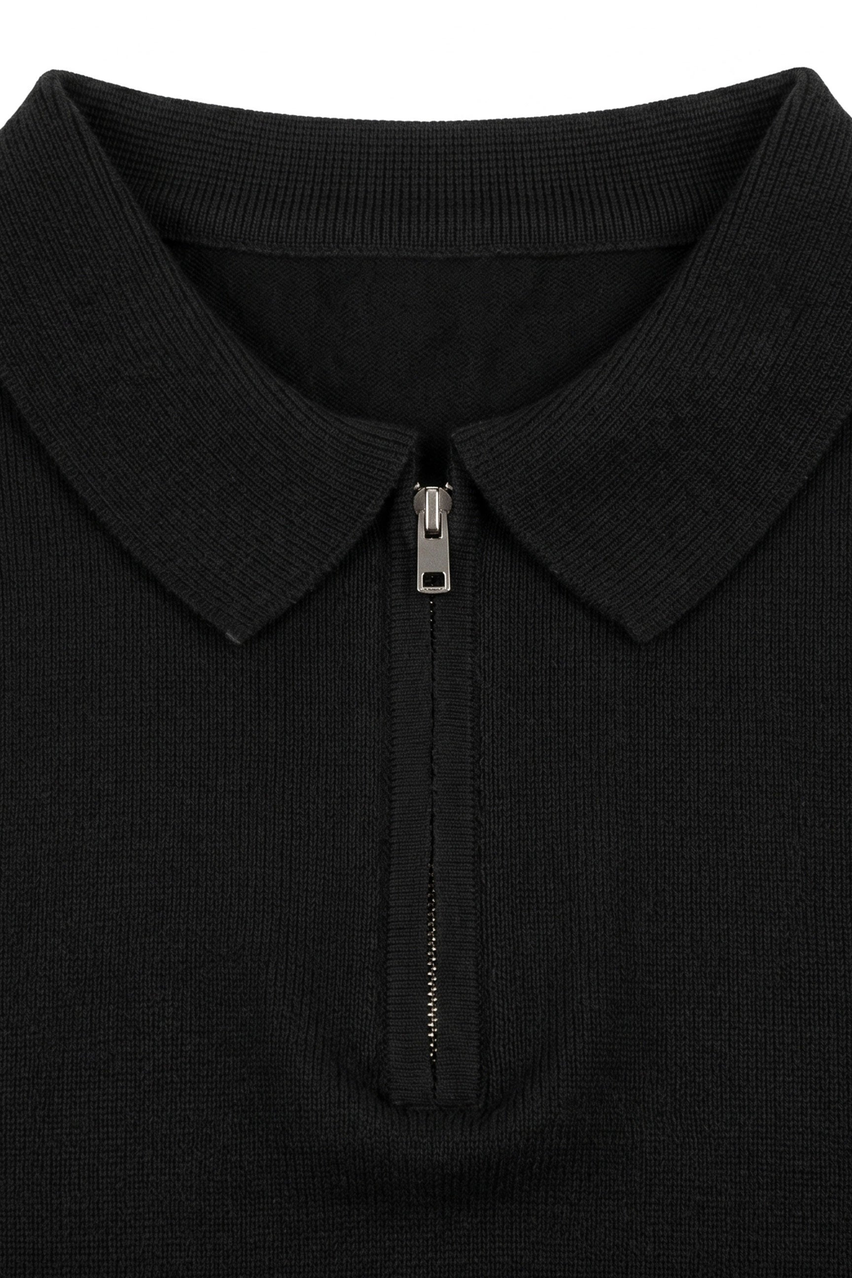 Men’s Black Knitted Polo Shirt Zip Neck Soft Blend Short Sleeve Top