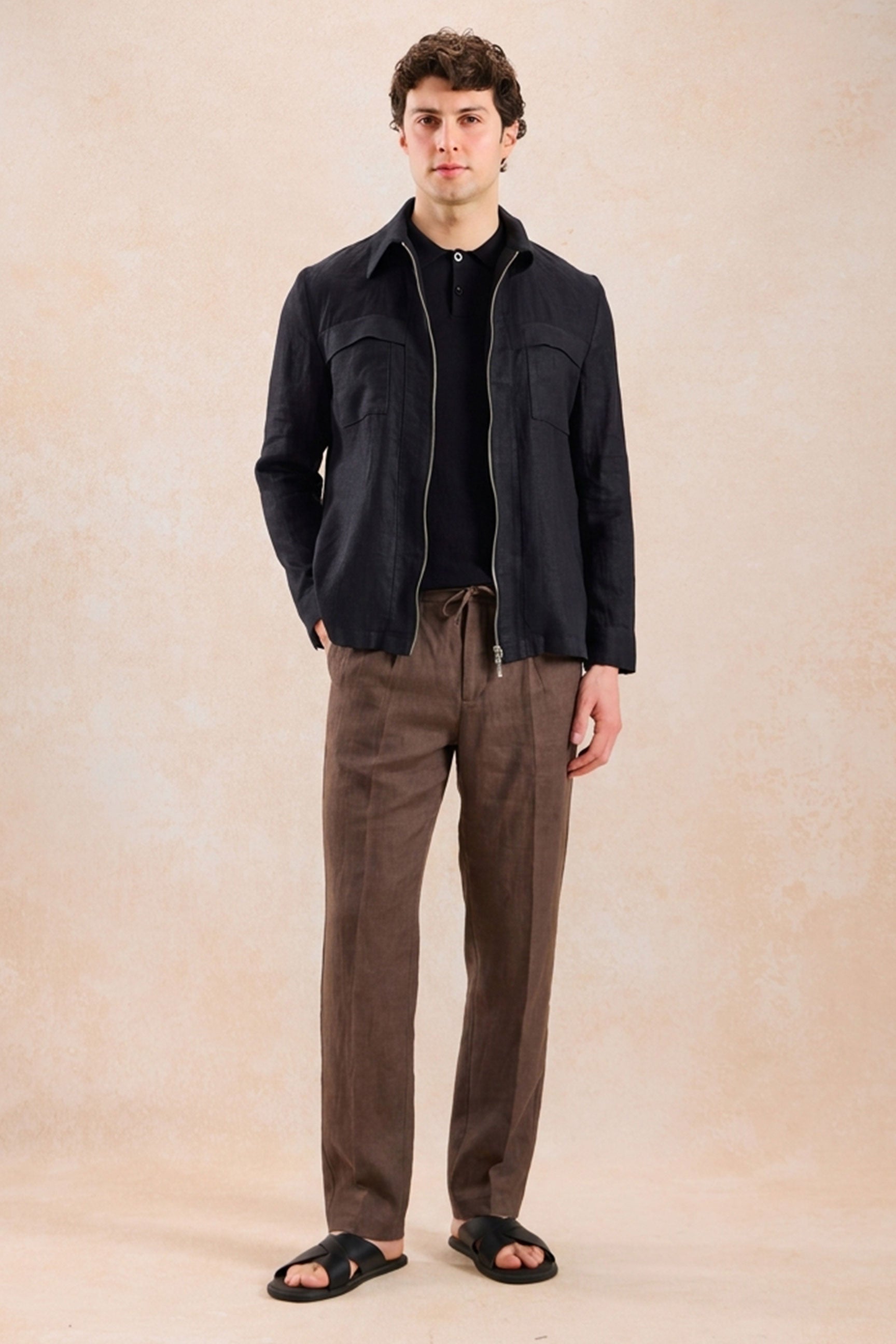 Men’s Black Zip Linen Jacket & Brown Trousers Set Smart Casual Summer Outfit