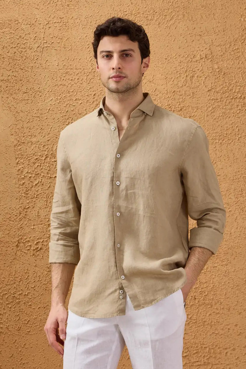 Men’s Dark Beige Pure Linen Shirt Long Sleeve Button-Down Summer Shirt