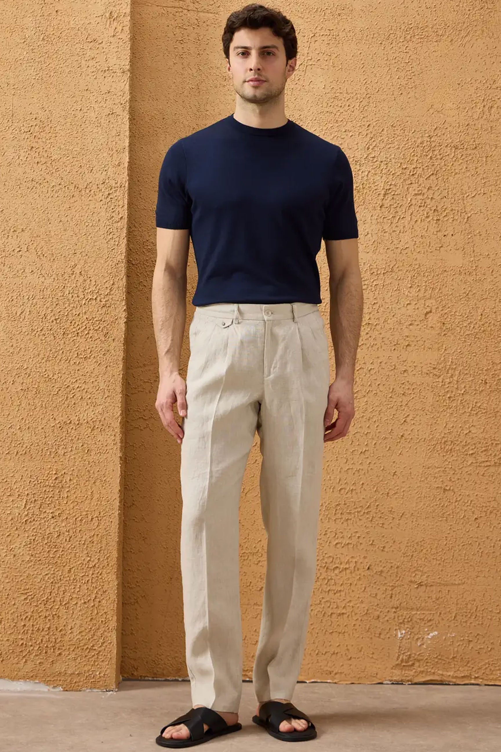 Men’s Navy Zip Linen Jacket & Beige Trousers Set Smart Casual Summer Outfit