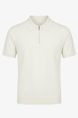 Men’s Off White Knitted Polo Shirt Zip Neck Soft Blend Short Sleeve Top