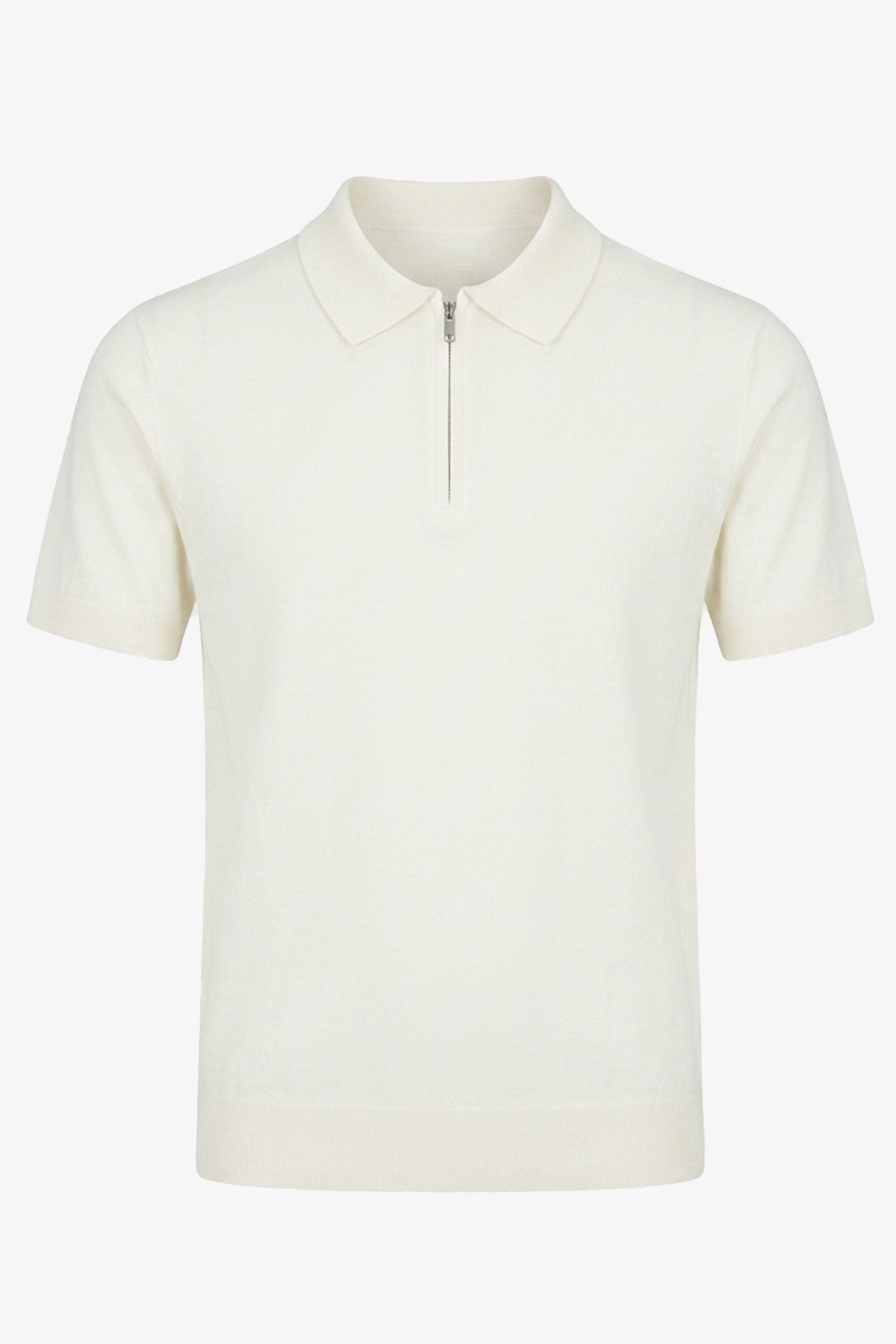 Men’s Off White Knitted Polo Shirt Zip Neck Soft Blend Short Sleeve Top