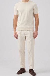 Men’s Cream Off White Knitted T Shirt Regular Fit Crew Neck Short Sleeve Top
