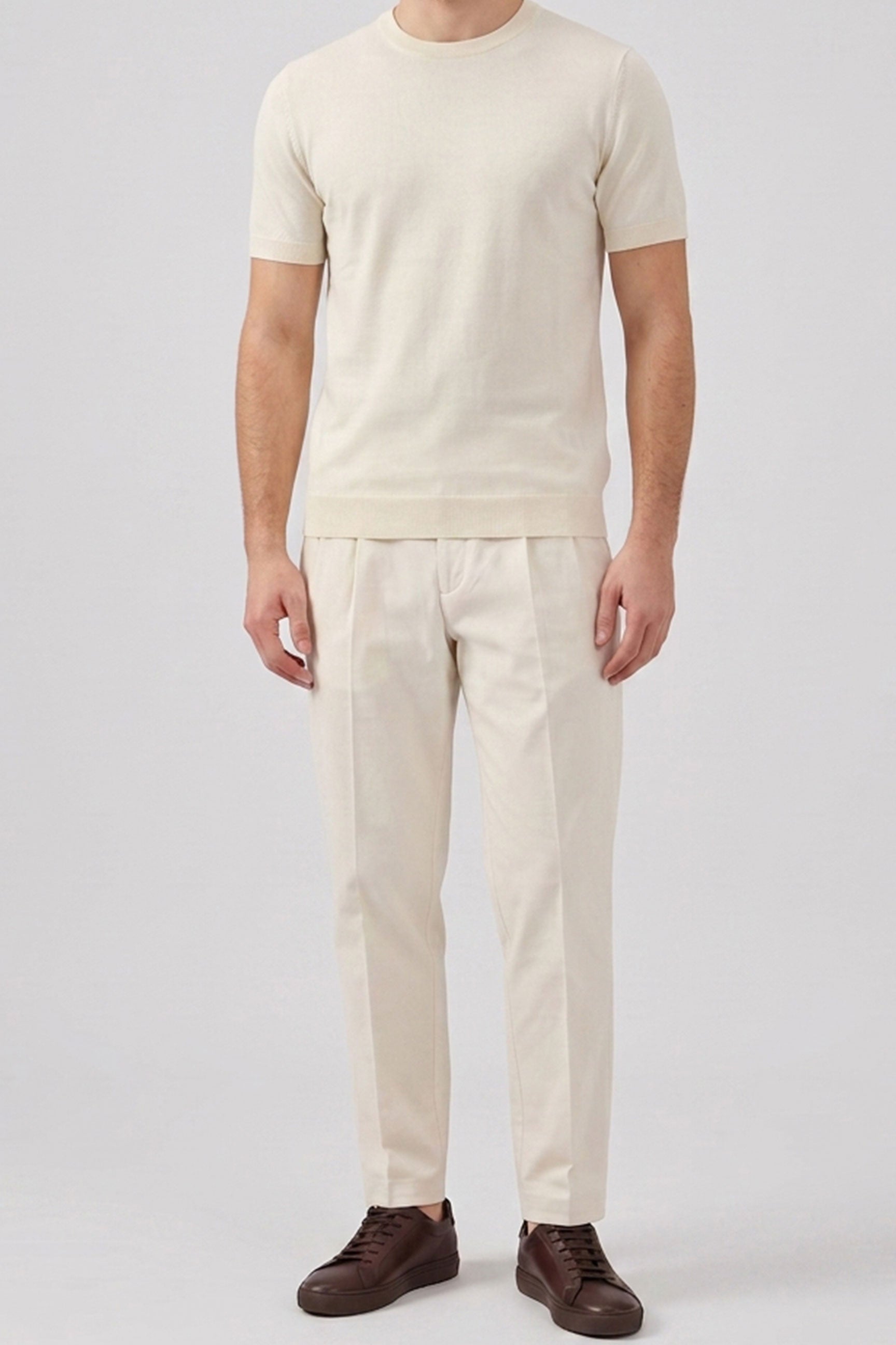 Men’s Cream Off White Knitted T Shirt Regular Fit Crew Neck Short Sleeve Top