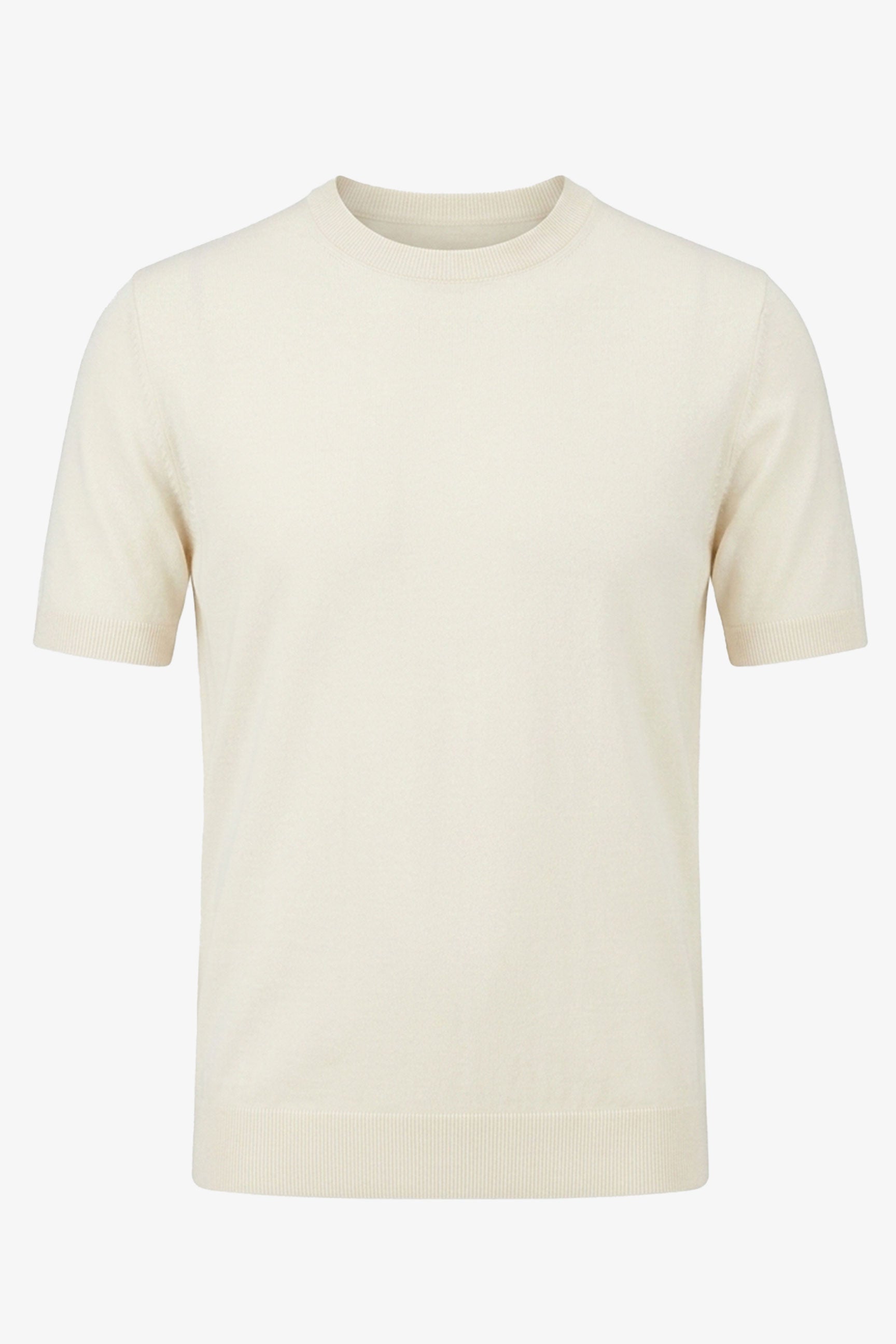 Men’s Cream Off White Knitted T Shirt Regular Fit Crew Neck Short Sleeve Top