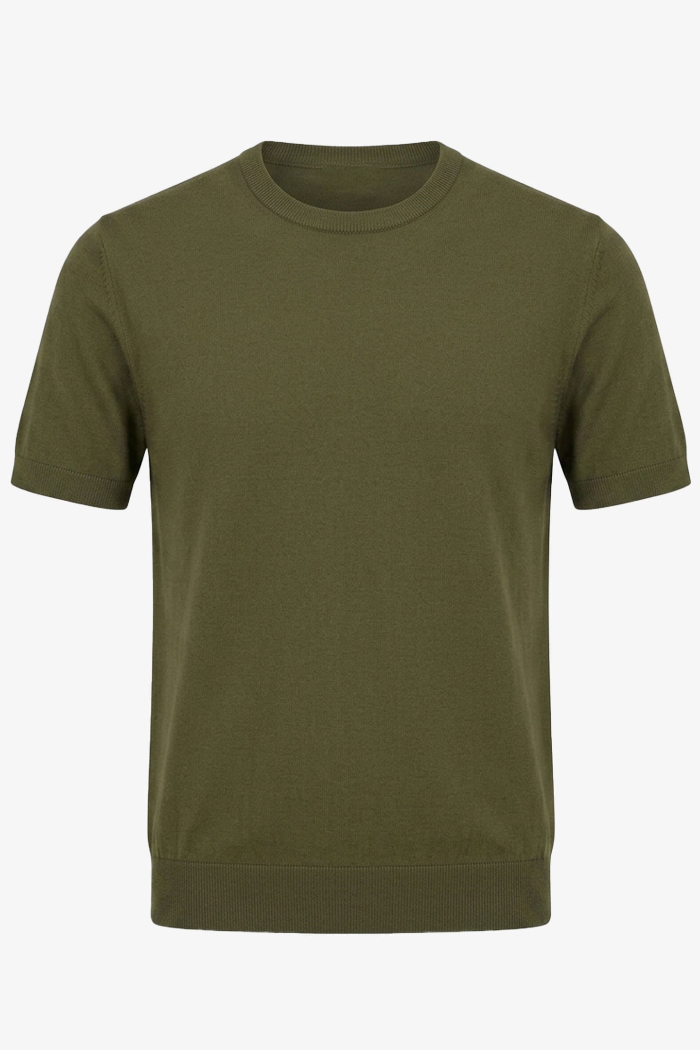 Men’s Olive Green Knitted T Shirt Regular Fit Crew Neck Short Sleeve Top