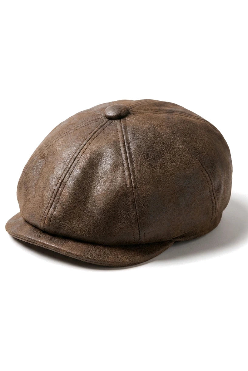 Men's 8 Panel Razor Baker Boy Hat PU Leather Blinders Newsboy Flat Cap Brown