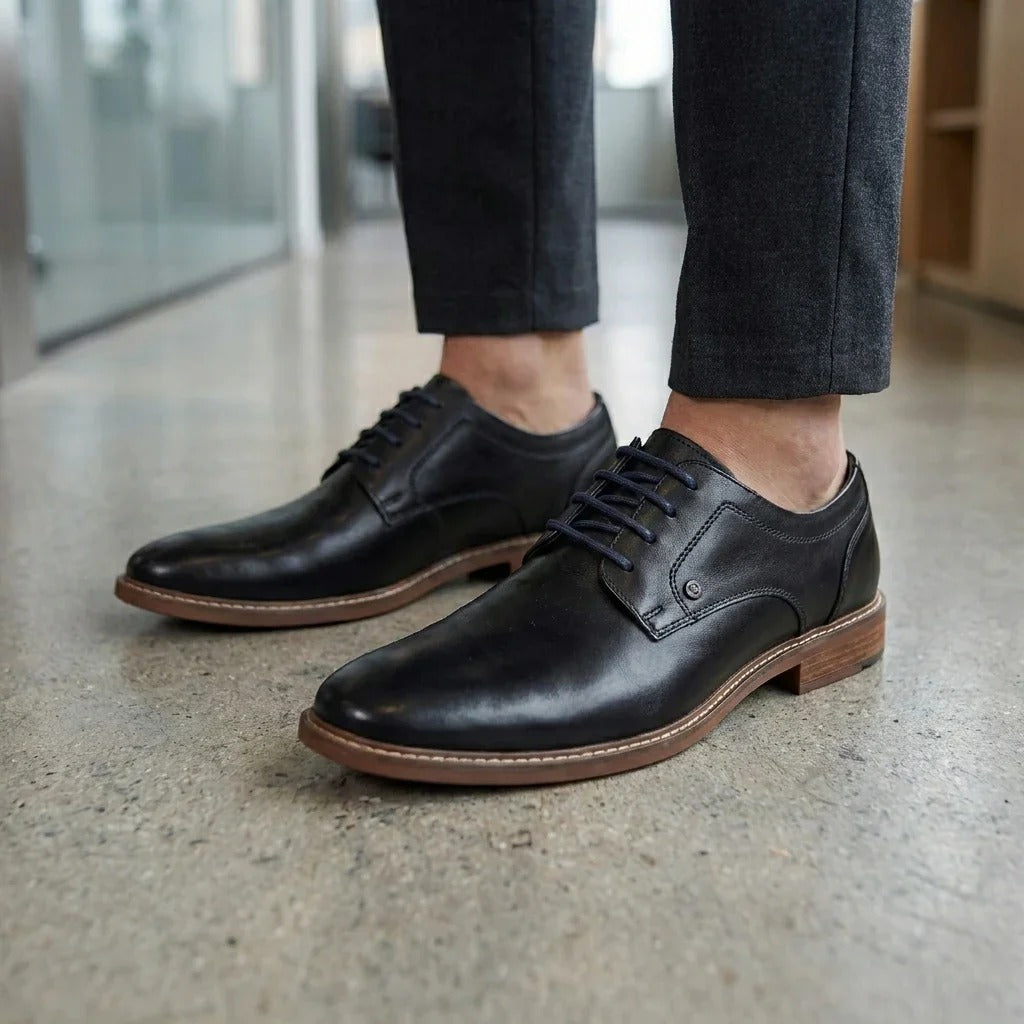 Men's Black Leather Polished Plain Formal Derby Shoes