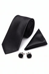 Men’s Black Tie Set with Pocket Square and Cufflinks