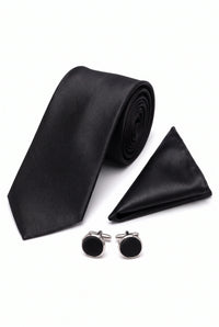 Men’s Black Tie Set with Pocket Square and Cufflinks