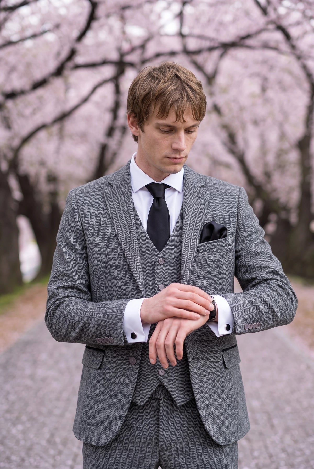 Men’s Black Tie Set with Pocket Square and Cufflinks