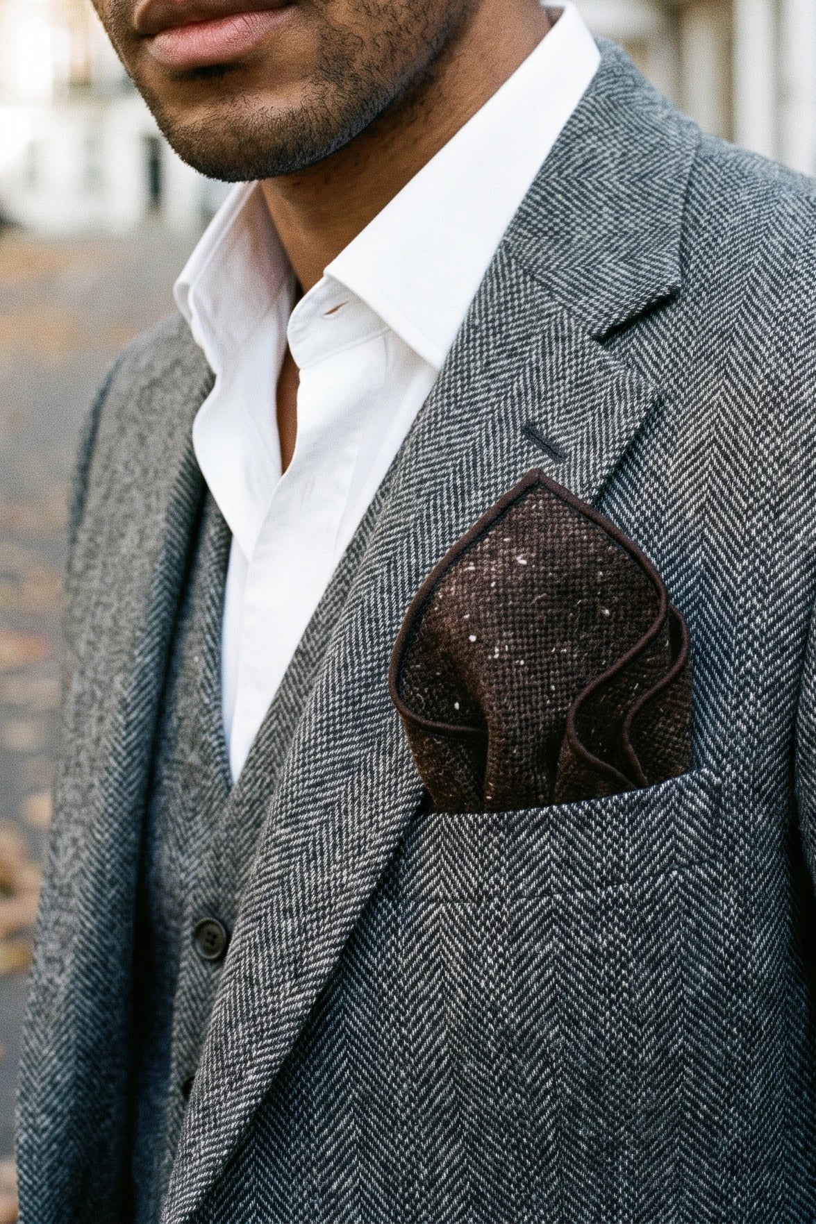 Men’s Dark Brown Tweed Wool Blend Pocket Square
