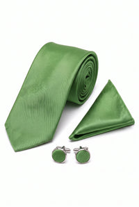 Men’s Green Tie Set with Matching Pocket Square and Cufflinks