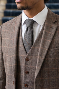 Men’s Grey Herringbone Check Wool Blend Tweed Tie
