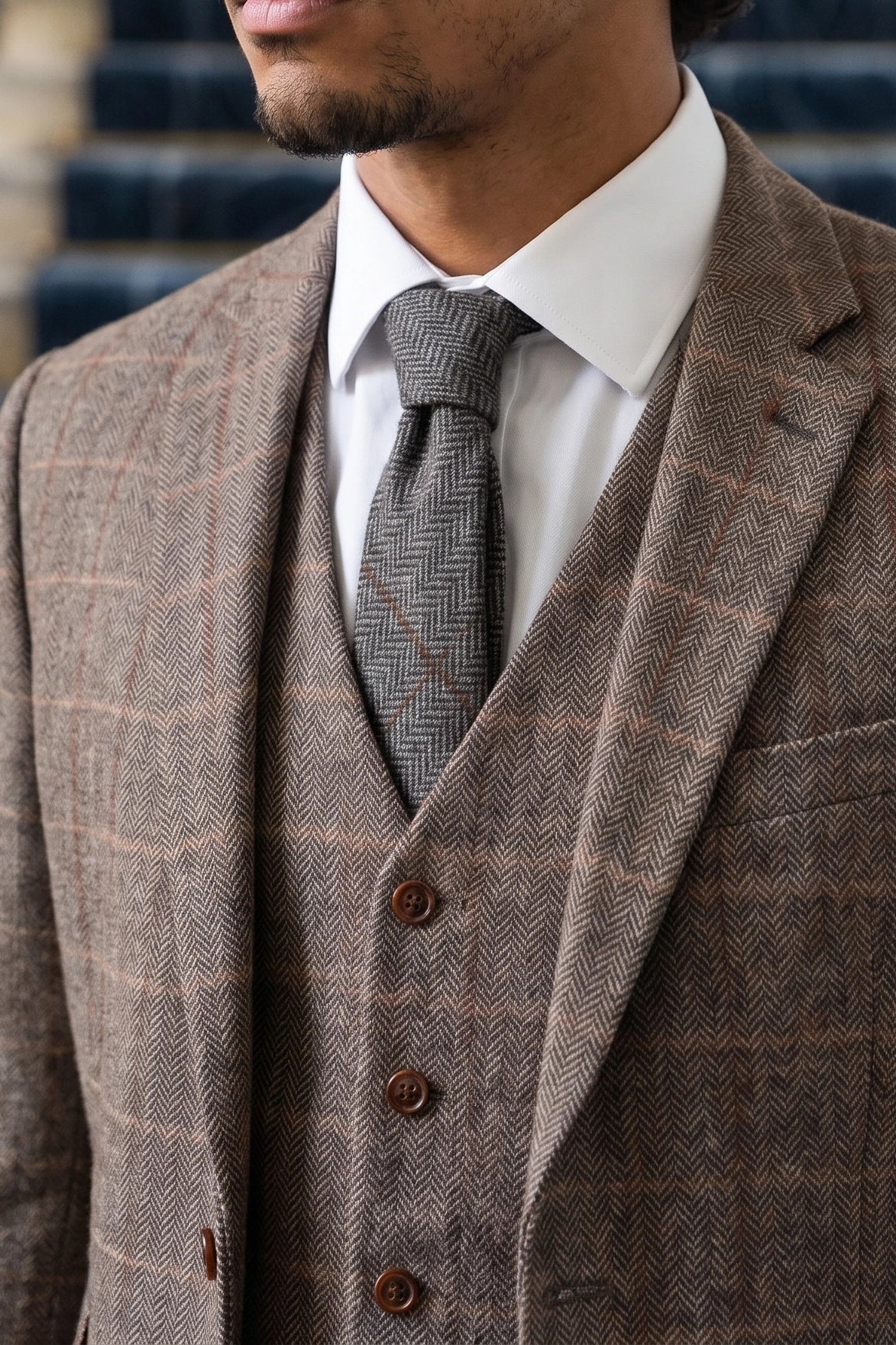 Men’s Grey Herringbone Check Wool Blend Tweed Tie
