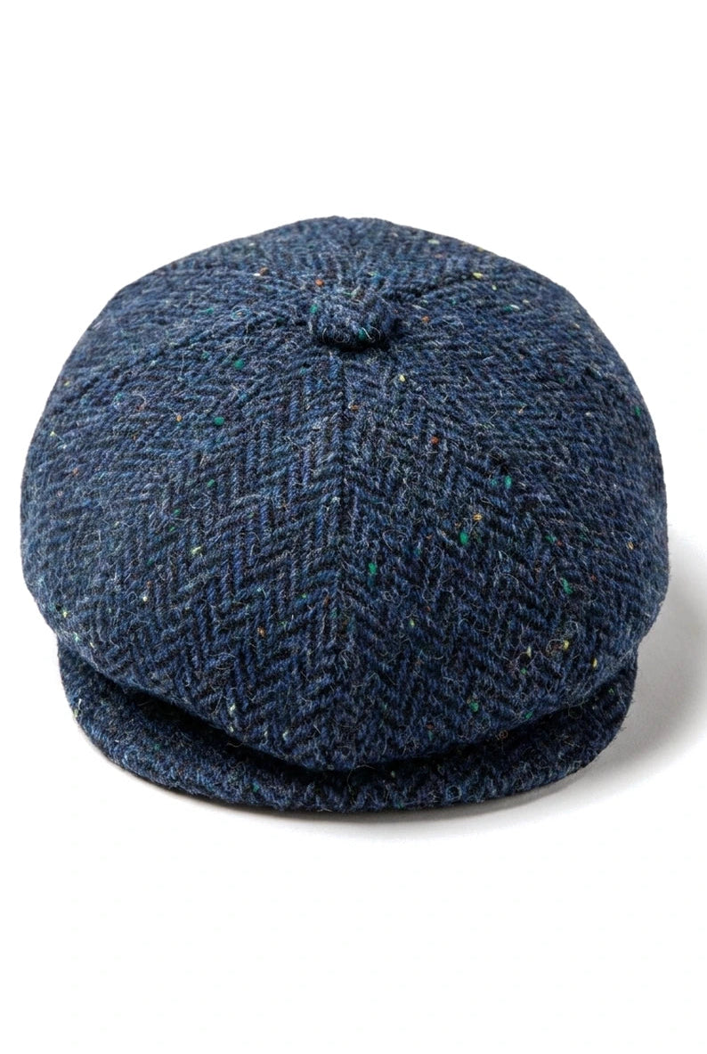 Mens Herringbone Blue Tweed 8 Panel Cap
