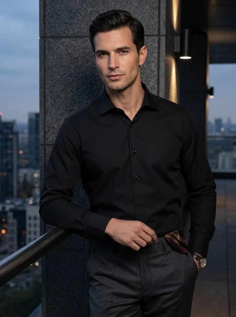 Men's Long Sleeve Button-Down Dress Shirt - Black