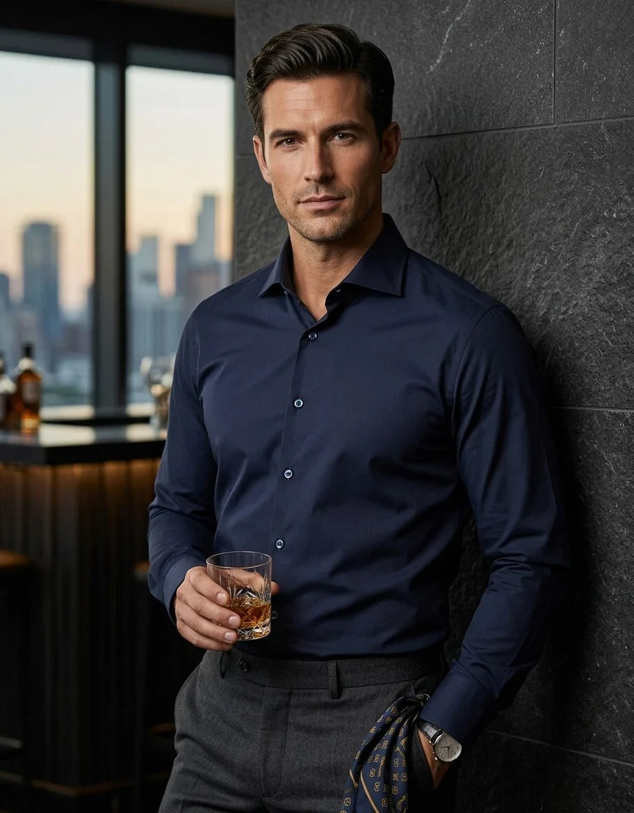 Men's Long Sleeve Button-Down Dress Shirt - Navy