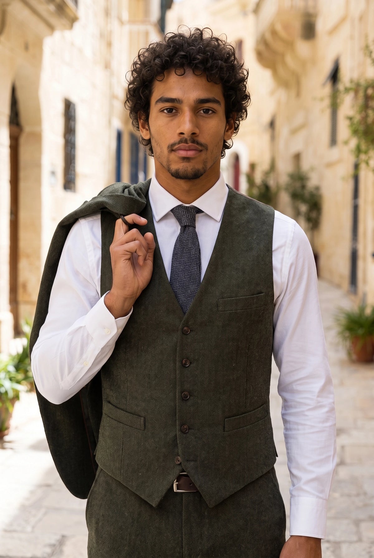 Men’s Navy Herringbone Wool Blend Tweed Tie