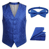 Men's Paisley Floral 3 Piece Bow Tie Hankie Waistcoat Set - Blue