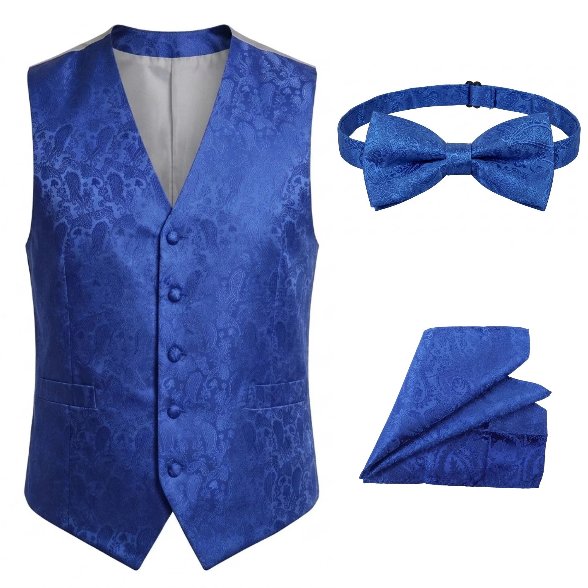 Men's Paisley Floral 3 Piece Bow Tie Hankie Waistcoat Set - Blue