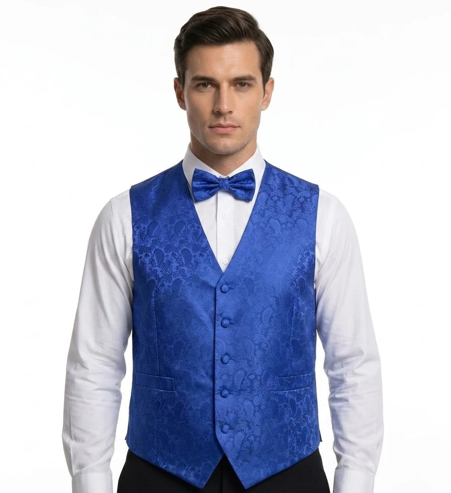 Men's Paisley Floral 3 Piece Bow Tie Hankie Waistcoat Set - Blue