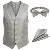 Men's Paisley Floral 3 Piece Bow Tie Hankie Waistcoat Set - Grey