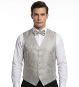 Men's Paisley Floral 3 Piece Bow Tie Hankie Waistcoat Set - Grey