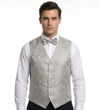 Men's Paisley Floral 3 Piece Bow Tie Hankie Waistcoat Set - Grey