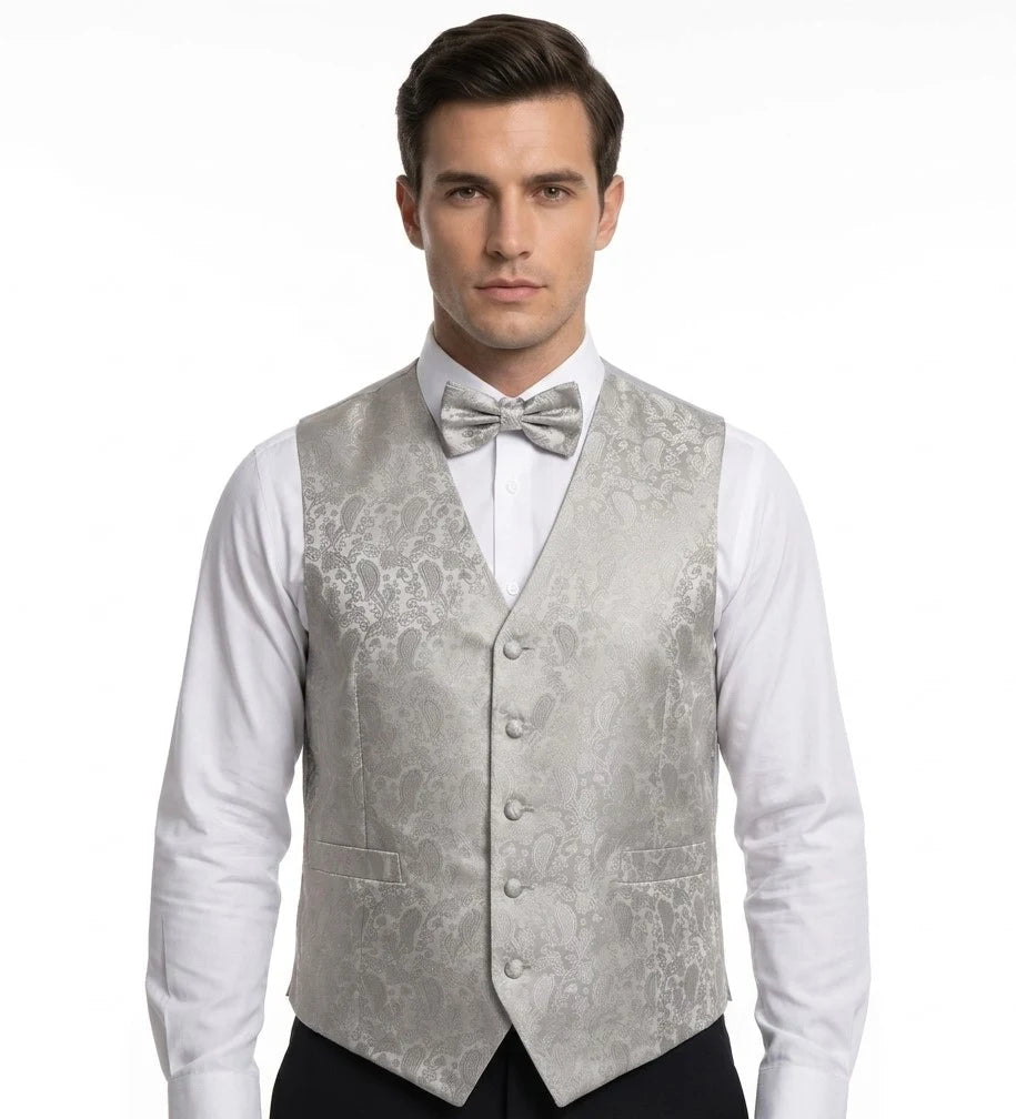 Men's Paisley Floral 3 Piece Bow Tie Hankie Waistcoat Set - Grey