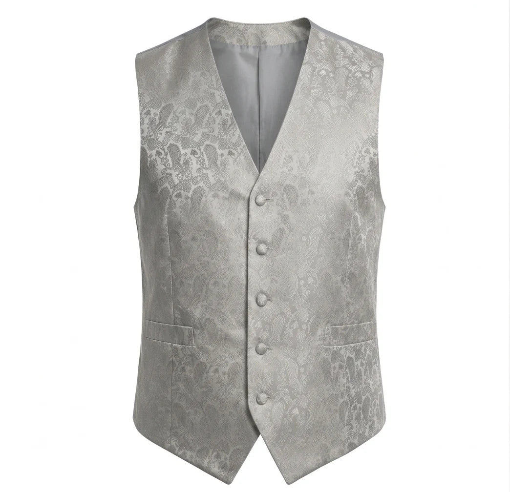 Men's Paisley Floral 3 Piece Bow Tie Hankie Waistcoat Set - Grey