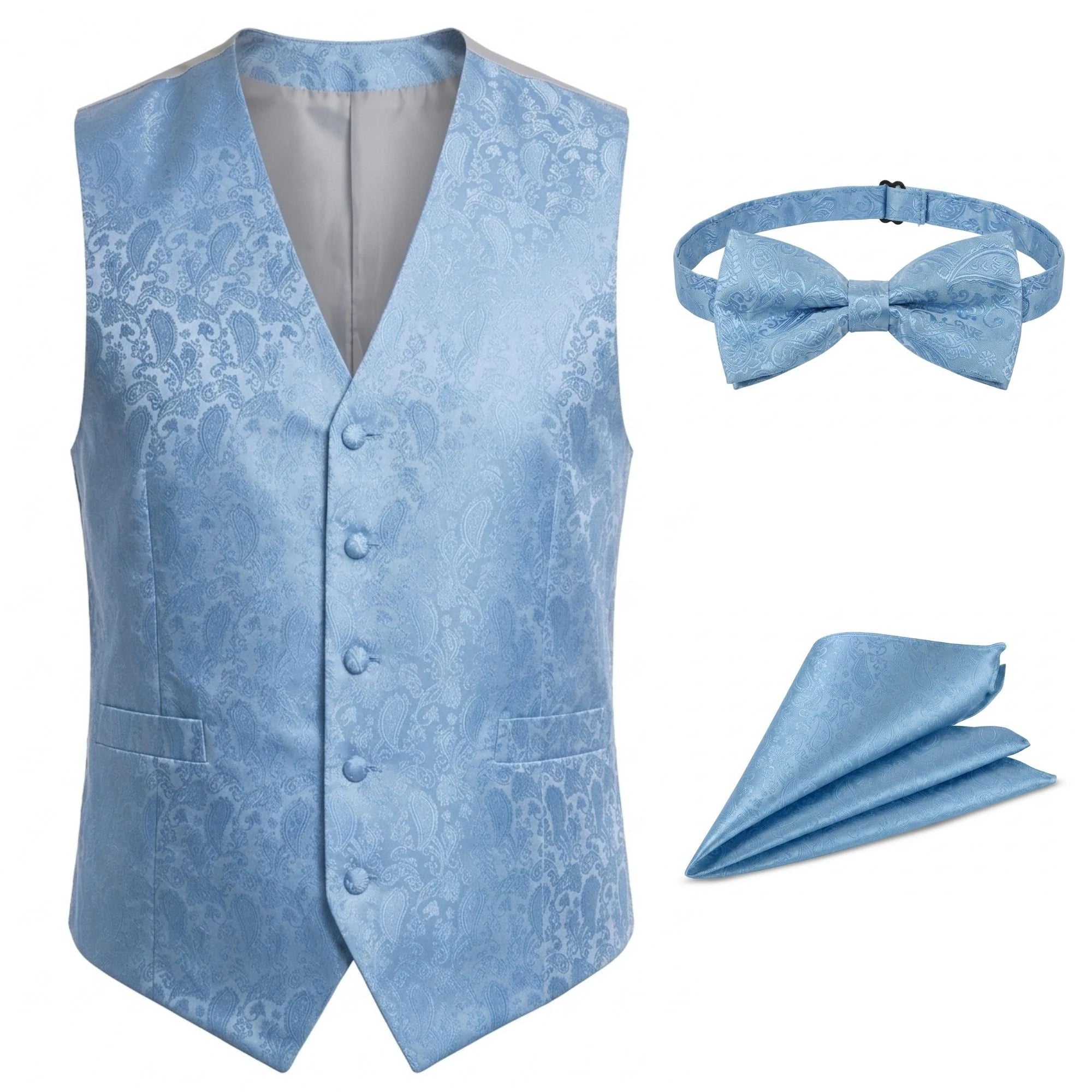 Men's Paisley Floral 3 Piece Bow Tie Hankie Waistcoat Set - Sky