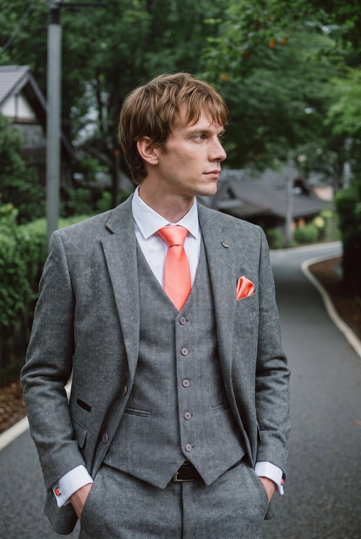 Men’s Peach Tie Set with Pocket Square and Cufflinks