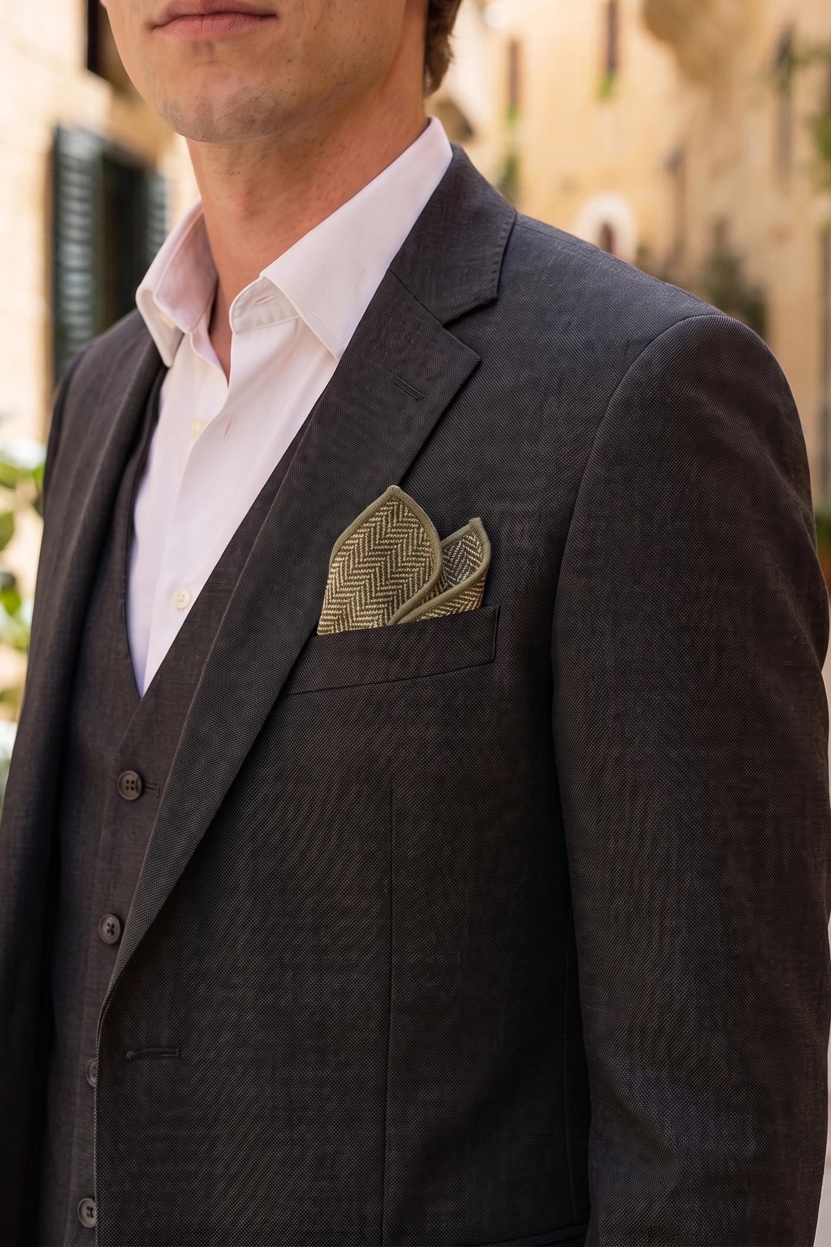 Men’s Sage Green Tweed Wool Blend Pocket Square