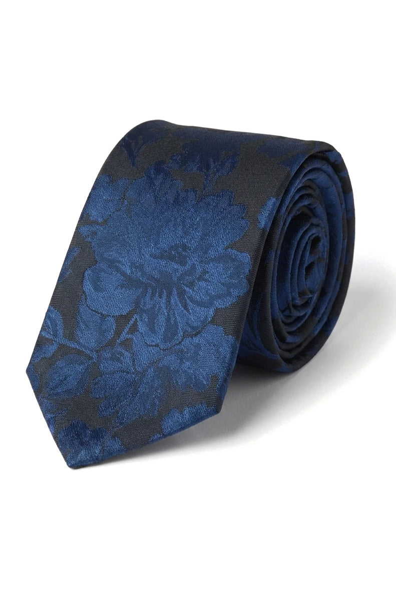 Men's Tie Pocket Sqaure Set Formal Floral Necktie - Navy