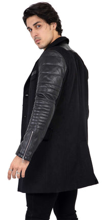 Mens Tweed Cashmere Wool Overcoat with Real Leather Sleeves Black - B213