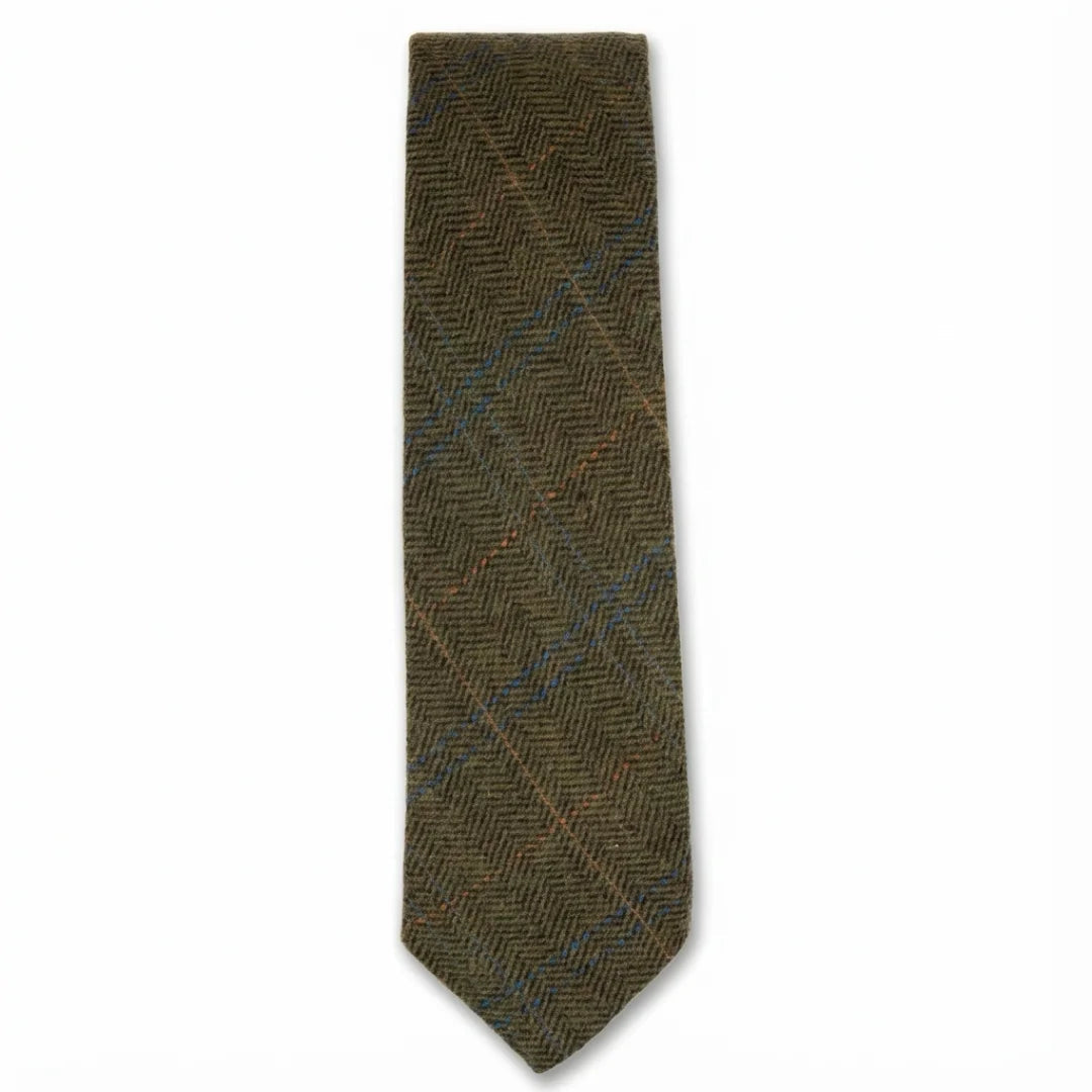 Men's Wool Blend Herringbone Plaid Tweed Tie - Olive
