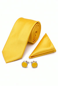 Men’s Yellow Tie Set with Pocket Square and Cufflinks