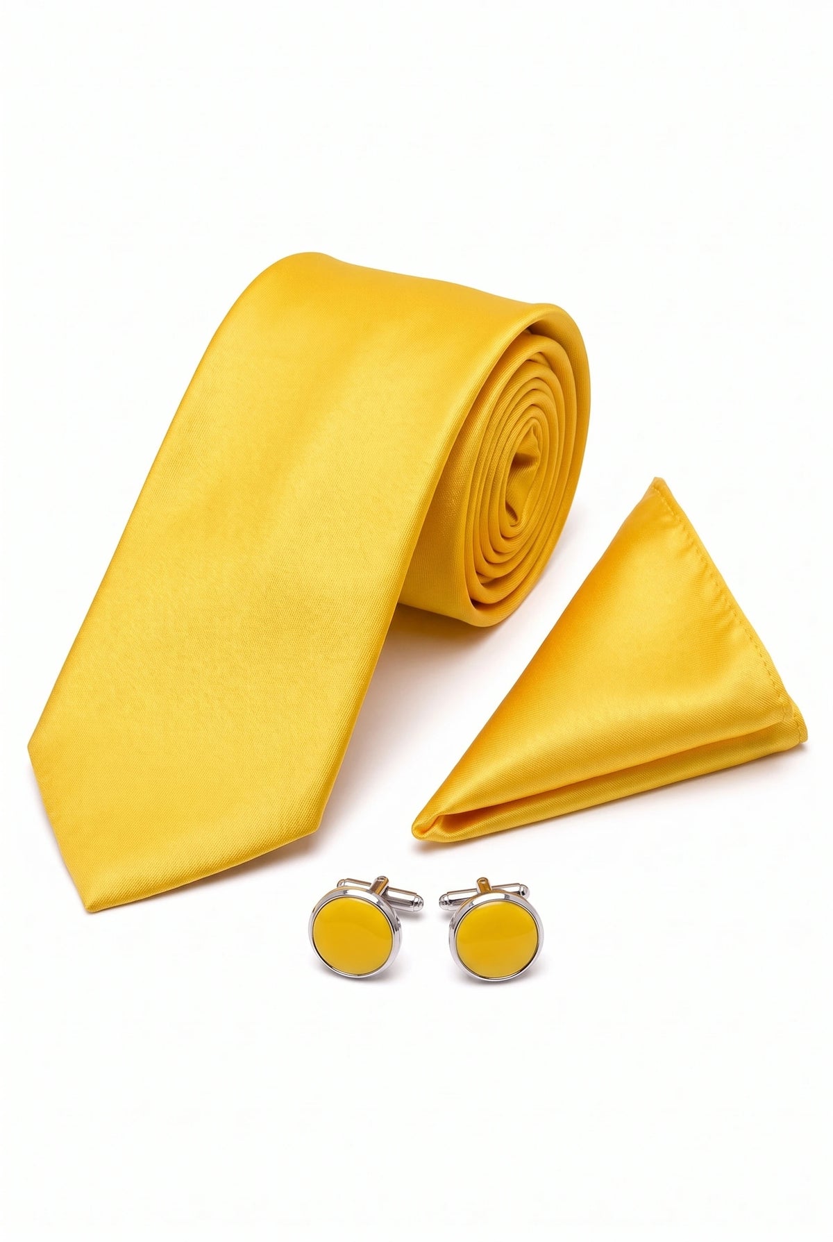 Men’s Yellow Tie Set with Pocket Square and Cufflinks