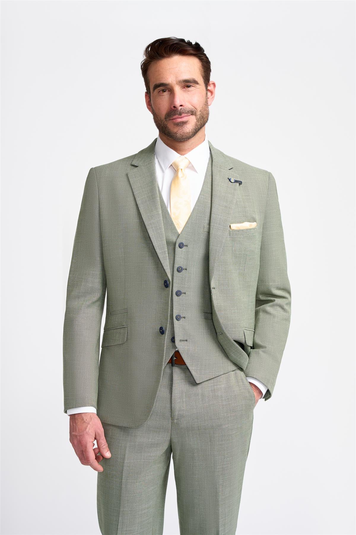 Mens 3 Piece Suit Sage Green Summer Linen Tailored Fit Wedding Prom Classic