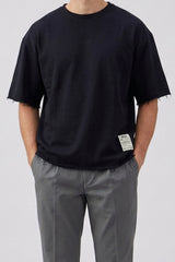 Men’s Dark Navy Relaxed Fit Raw Edge T-Shirt Cotton Blend Crew Neck Top