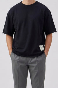 Men’s Dark Navy Relaxed Fit Raw Edge T-Shirt Cotton Blend Crew Neck Top