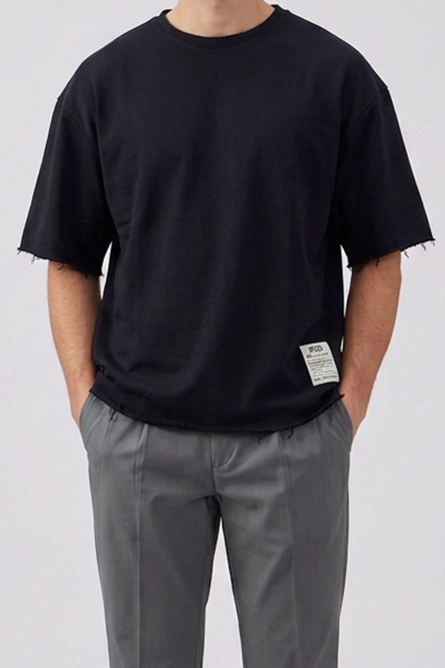 Men’s Dark Navy Relaxed Fit Raw Edge T-Shirt Cotton Blend Crew Neck Top