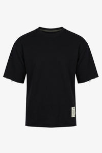 Men’s Dark Navy Relaxed Fit Raw Edge T-Shirt Cotton Blend Crew Neck Top