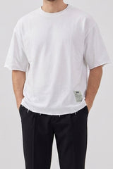 Men’s White Relaxed Fit Raw Edge T-Shirt Cotton Blend Crew Neck Top