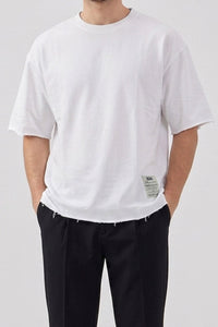 Men’s White Relaxed Fit Raw Edge T-Shirt Cotton Blend Crew Neck Top