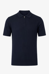 Navy Knitted Zip Polo Shirt for Men