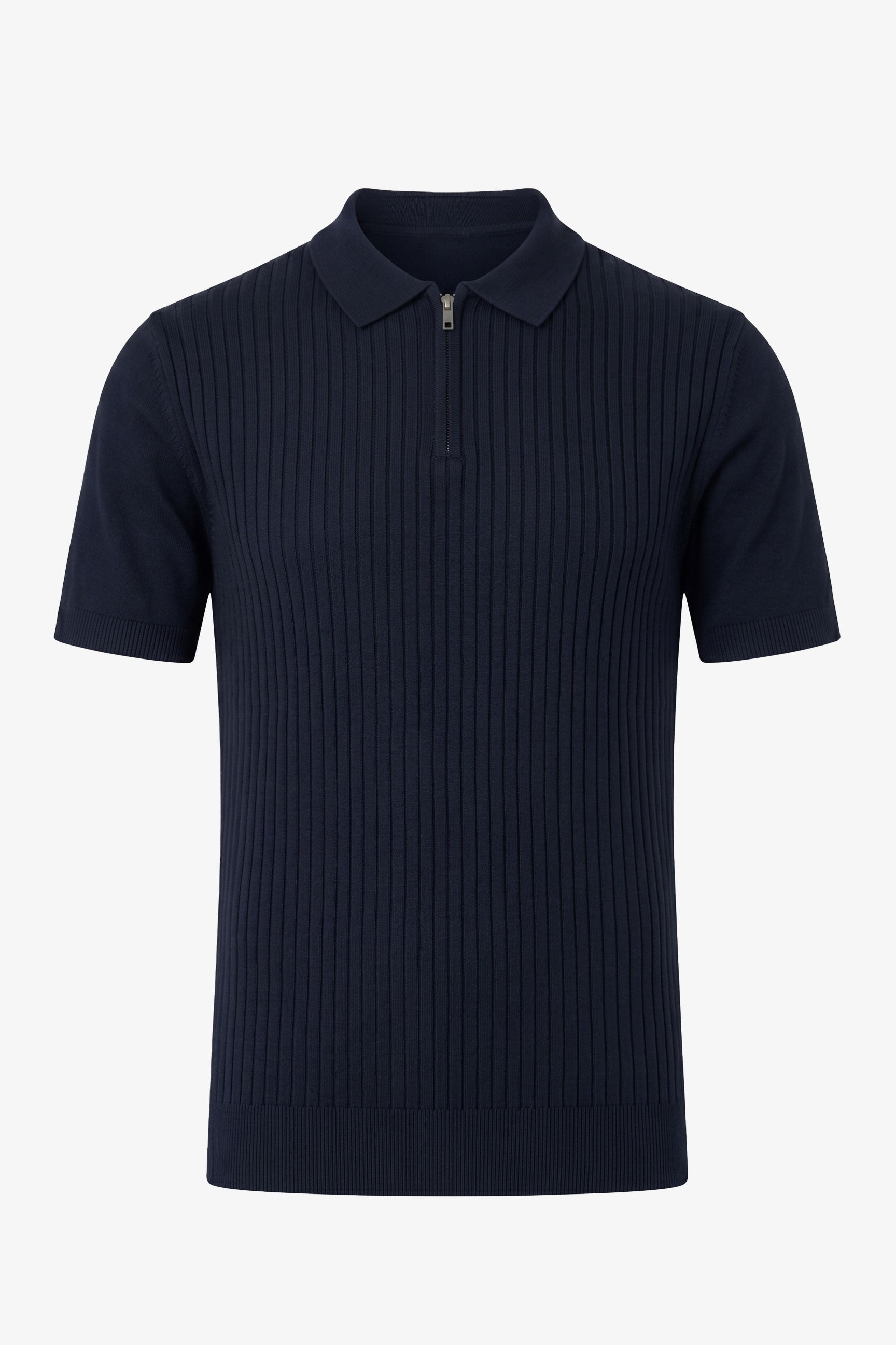 Navy Knitted Zip Polo Shirt for Men